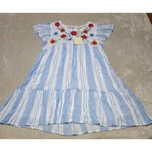 Perch by Blu Pepper 2X Blue/White Striped Babydoll Style Mini Dress Embroidered